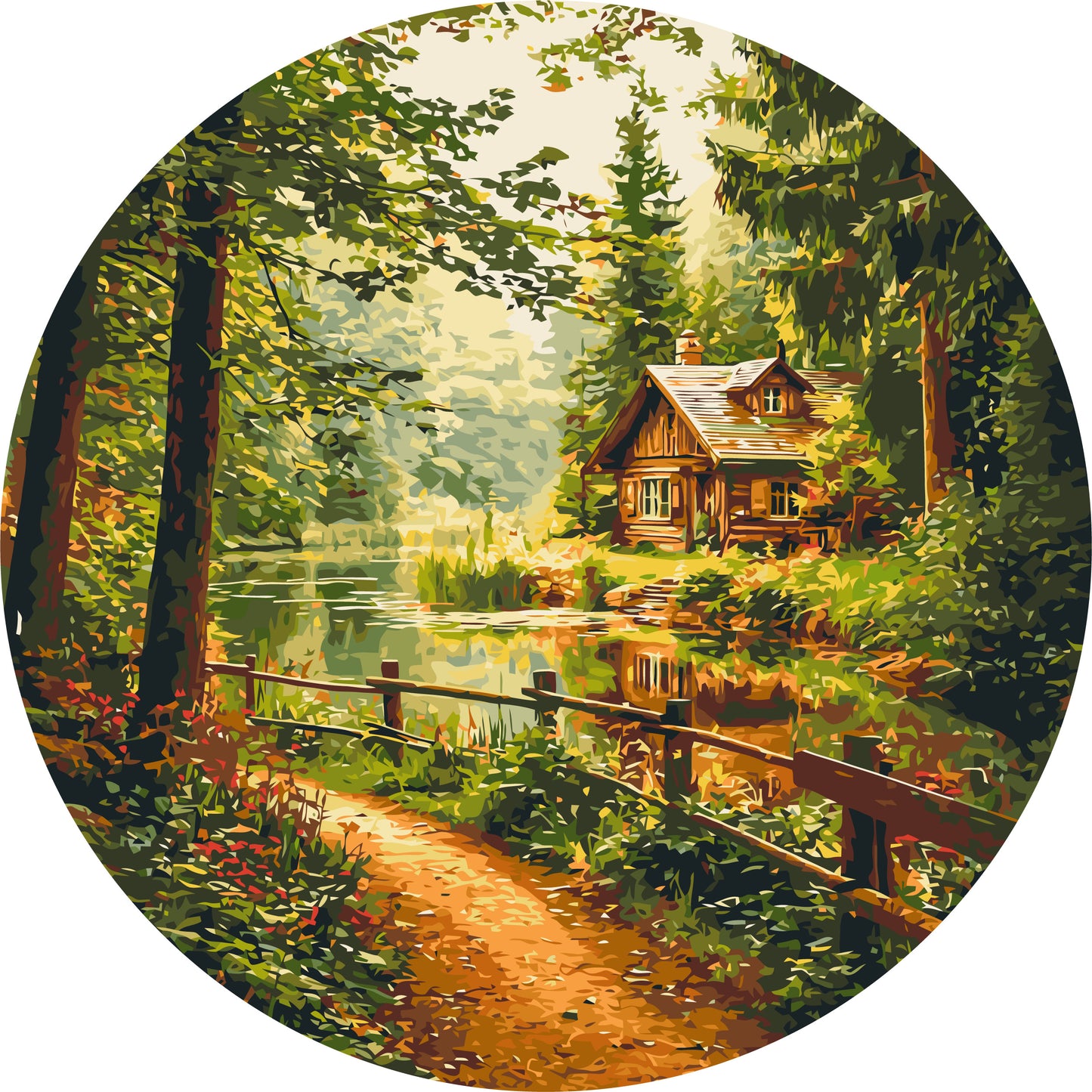 Runde Malen nach Zahlen Ø45 cm – Landschaft. Waldhütte OR 2004