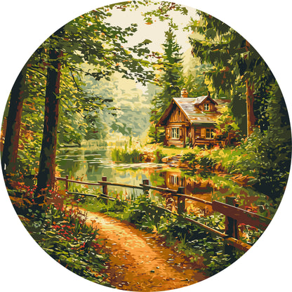 Runde Malen nach Zahlen Ø45 cm – Landschaft. Waldhütte OR 2004