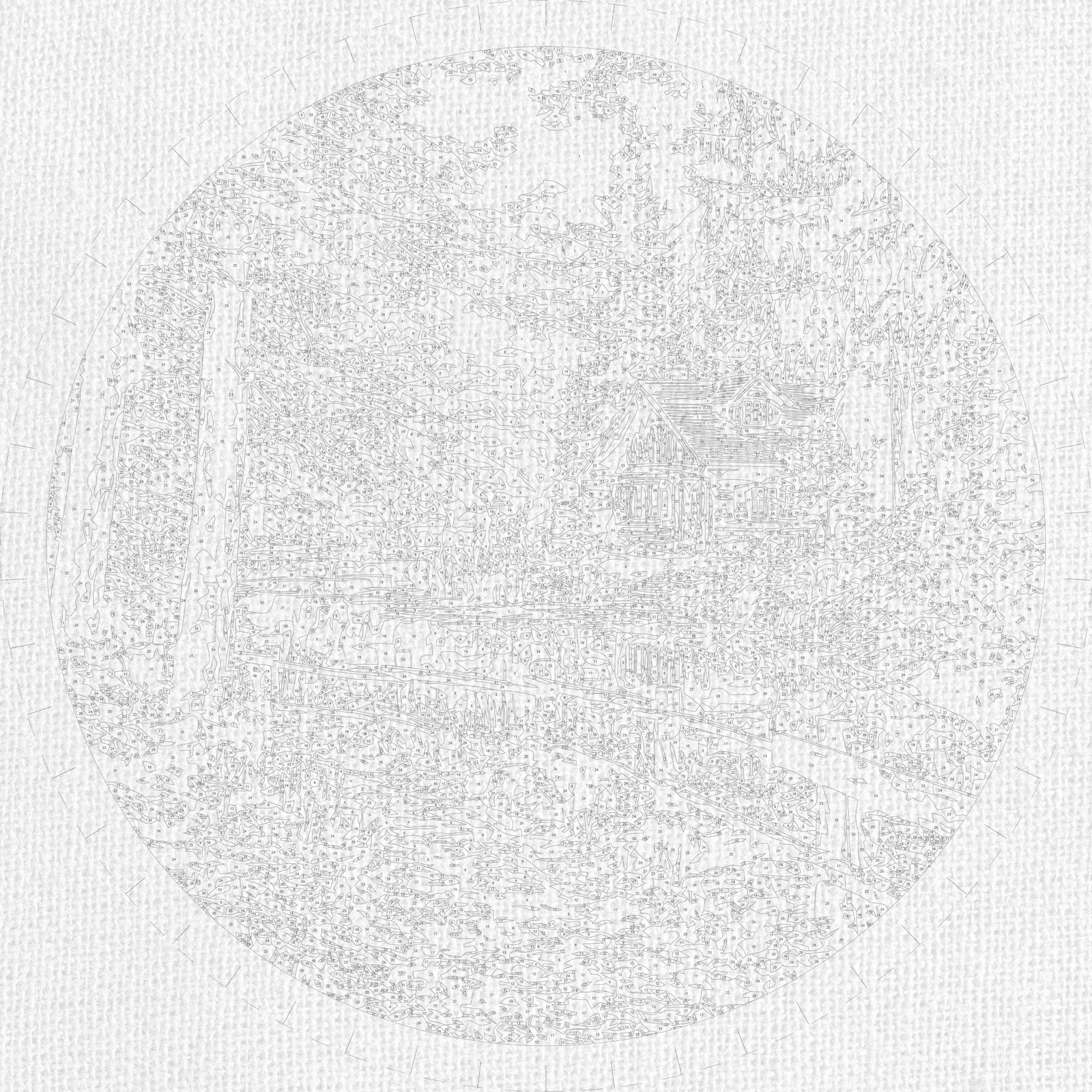 Runde Malen nach Zahlen Ø45 cm – Landschaft. Waldhütte OR 2004