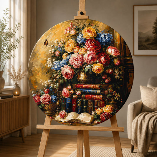 Rundes Malen nach Zahlen Ø45 cm – Blumen/Stillleben – Bibliothek mit Rosen – OR 2031