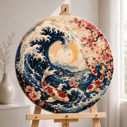 Rundes Malen nach Zahlen Ø45 cm – Koi-Karpfen und die große Welle vor Kanagawa – Landschaft/Tiere – OR 2038