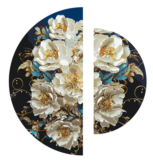 Malen nach Zahlen auf Keilrahmen ⌀50 cm + ⌀70 cm – Blumen mit Metallicfarben. Erhabene Pfingstrosen OSR 1008