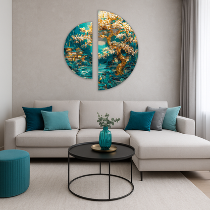 Malen nach Zahlen auf Keilrahmen ⌀50 cm + ⌀70 cm – Landschaft mit Metallicfarben. Japanische Morgendämmerung OSR 1009