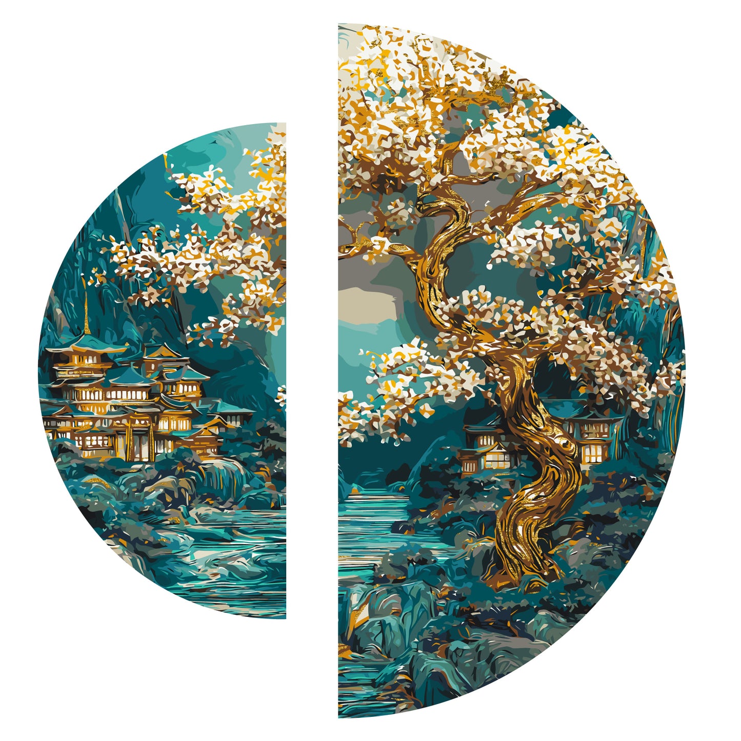 Malen nach Zahlen auf Keilrahmen ⌀50 cm + ⌀70 cm – Landschaft mit Metallicfarben. Japanische Morgendämmerung OSR 1009