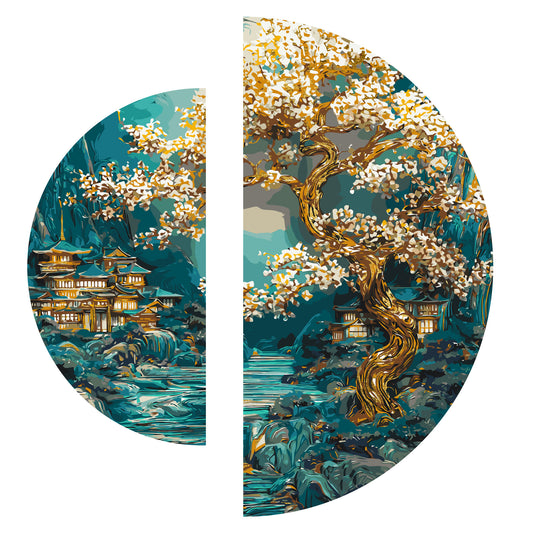 Malen nach Zahlen auf Keilrahmen ⌀50 cm + ⌀70 cm – Landschaft mit Metallicfarben. Japanische Morgendämmerung OSR 1009