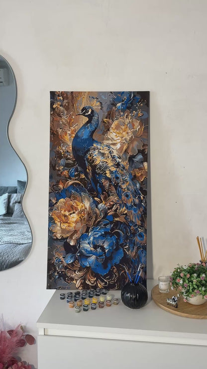 Malen nach Zahlen auf Keilrahmen 40×80 cm – Pfau in Blumen mit Metallicfarben LW 5183