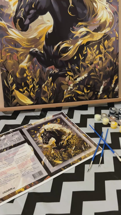 Malen nach Zahlen auf Keilrahmen 40×50 cm – Tiere. Schwarzes Pferd mit Metallicfarben LW 31200